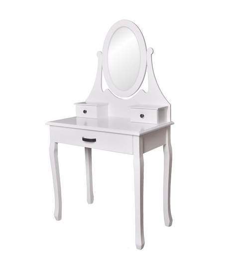 Set Masa Toaleta pentru Machiaj cu Oglinda Ovala si 3 Sertare + Scaun, Stil Victorian, Culoare Alb