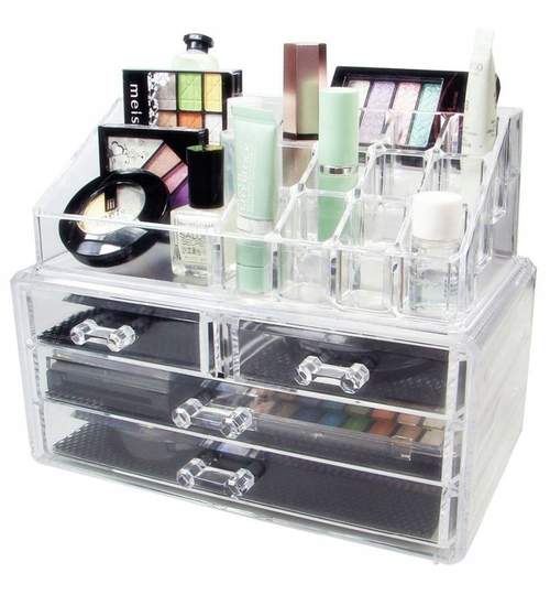 Suport Organizator Transparent pentru Cosmetice si Bijuteri, 16 Compartimente, 4 Sertare