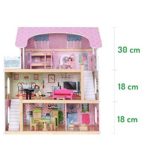 Jucarie tip Casa Mare din Lemn pentru Copii, 3 Nivele cu 5 Camere + Accesorii, Dimensiuni 63x71x30cm