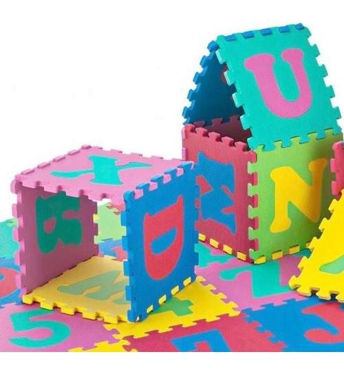 Set Covoras Tip Puzzle pentru Copii, 36 Piese din Spuma Moale, Multicolor cu Litere si Cifre