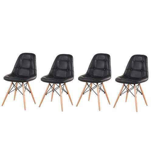 Set 4 x scaun Tapitat NEW YORK cu Piele Ecologica in Stil Scandinav pentru Salon, Bucatarie, Sufragerie sau Terasa, Culoare Negru