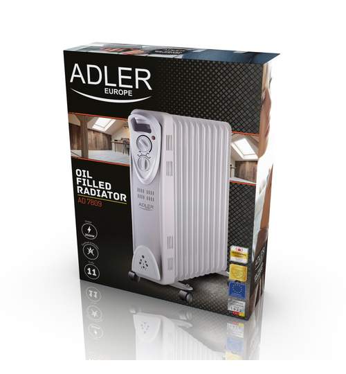 Radiator Calorifer Electric cu Ulei Adler, 11 Elementi, Putere 2500W, Termostat Reglabil si Protectie la Supraincalzire