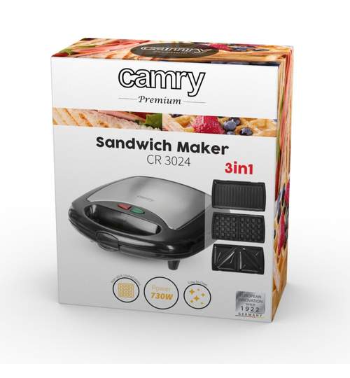 Sandwich Maker Camry, 3-in-1 pentru Sandwich, Gratar sau Wafe, Putere 1000W