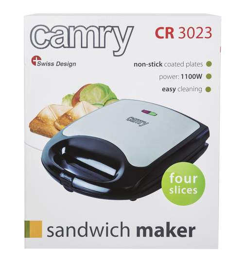 Sandwich Maker Camry, Putere 1100W, Capacitate 4 Sandwich-uri, Placi Antiaderente, Indicator Luminos