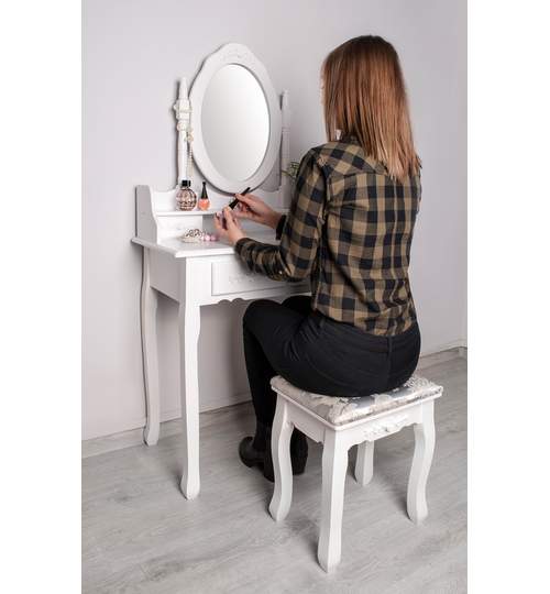 Set Masa Toaleta pentru Machiaj cu Oglinda Ovala Rotativa si Sertare + Scaun, Culoare Alb