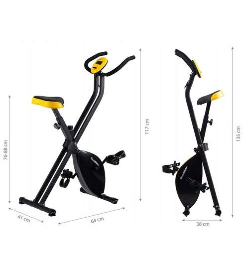Bicicleta pentru Fitness Reglabila, Pliabila cu Afisare LCD Diferite Valori, Capacitate 120kg, Culoare Negru/Galben