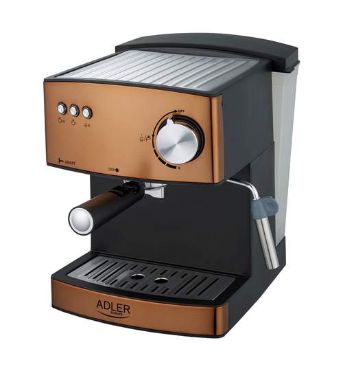 Espressor de Cafea si Capucinno Adler, Functie Spumare Lapte, Putere 850W, Rezervor Apa 1.6L Detasabil, Presiune 15 bar, Maro/Negru