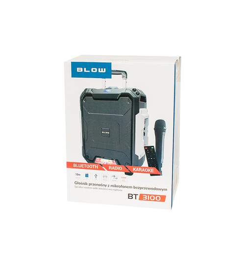 Boxa Bluetooth Activa Portabila Blow cu Microfon si Telecomanda, Functie Karaoke, Putere 100W, Radio FM, USB, AUX, Card SD
