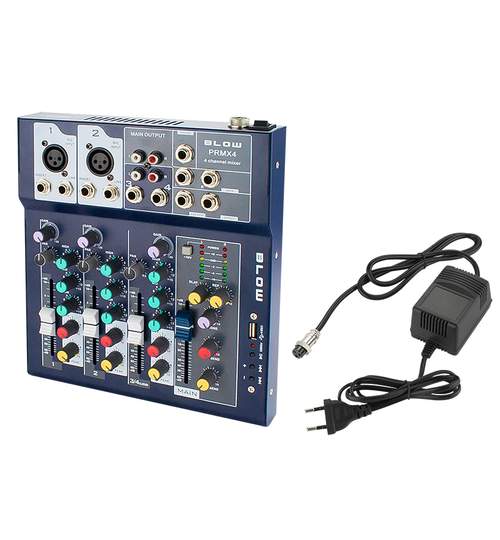 Mixer Audio DJ Profesional Analog Blow, 4 Canale, USB, AUX, Putere Phantom + 48V, Jack 6.3mm, RCA, Carcasa Metal, Negru