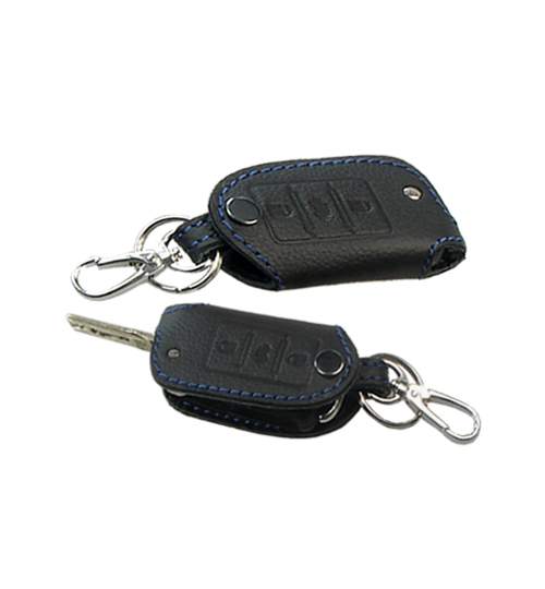 Husa cheie din piele pentru VW Polo Golf Passat Tiguan, Skoda Octavia Fabia, Seat Leon, cusatura neagra, pentru cheie cu 3 butoane Kft Auto