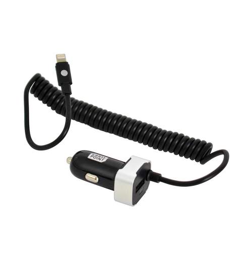 Incarcator auto Carpoint cu cablu conector hibrid MicroUSB MFi Dock 8pin,  1x iesire USB 2.0, 2.4A , 12V/ 24V, lungime 150cm Kft Auto