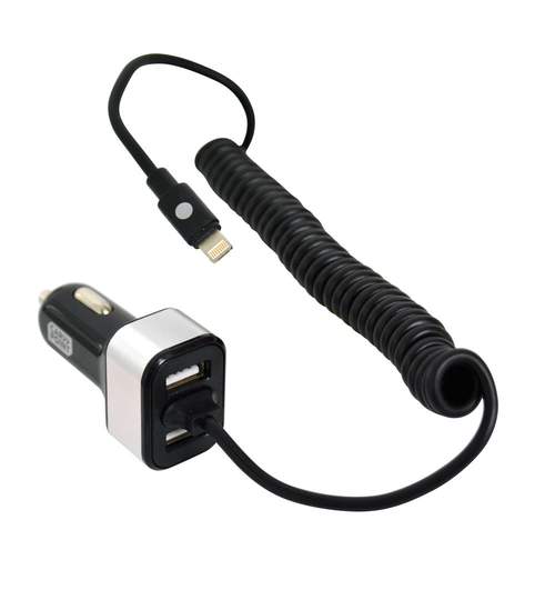 Incarcator auto Carpoint cu cablu conector hibrid MicroUSB MFi Dock 8pin,  2x iesiri USB 2.0, 5.8A , 12V/ 24V, lungime 150cm Kft Auto