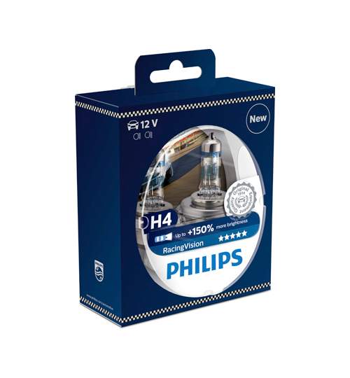 Becuri auto cu halogen pentru far Philips Racing Vision +150% vizibilitate, H4 12V 60/55W P43t-38 Kft Auto