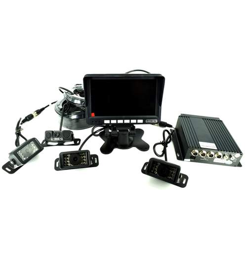 Sistem DVR kit monitor senzor parcare + 4 camere cu functie de inregistrare turism/camion  12V-24V. Lungime cablu fata 5m, cablu stanga/dreapta 15m si spate 22m .COD: 8848 ManiaCars