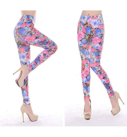 Pantaloni Colanti Tip Leggings cu Imprimeuri Florale pentru Dama, Marime L, Culoare Multicolor