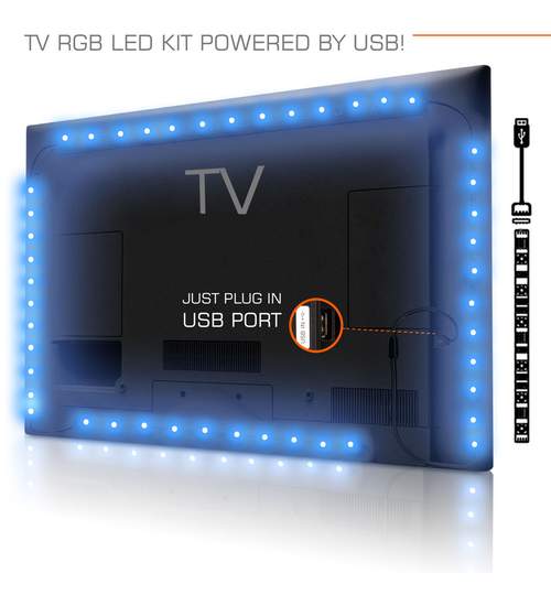 Kit Premium 4 x Banda LED USB pentru Iluminare Ambientala in Spatele Televizorului Backlight TV RGB, Model 4 Bucati cu Telecomanda