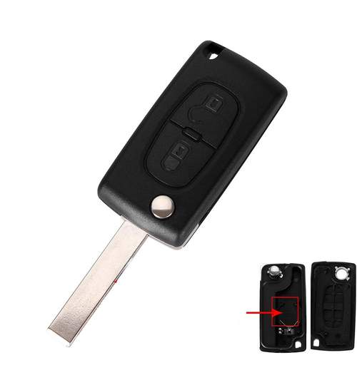 Carcasa cheie auto briceag cu 2 butoane, suport baterie si lamela cu canelura, compatibila Peugeot PE-113 AllCars