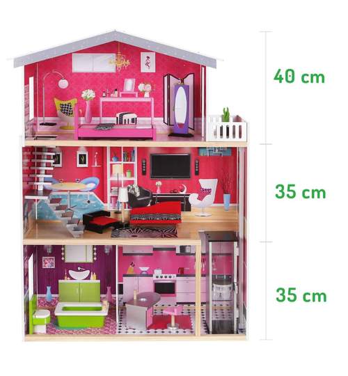 Jucarie Casa Mare Malibu din Lemn pentru Papusi cu 3 Etaje, Lift si 10 Piese Mobilier + Cadou Papusa Barbie pentru Copii