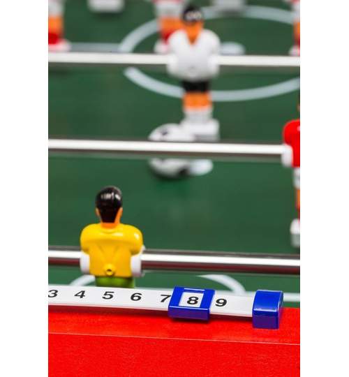 Masa Joc de Mini Fotbal Foosball din Lemn, 18 Fotbalisti, 8 Tije, Dimensiuni 120x60cm, Alb/Rosu