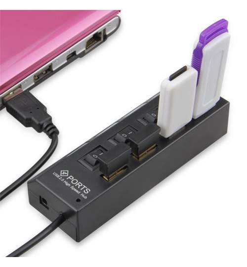 HUB Distribuitor USB cu 4 Porturi si Comutatoare Individuale, Culoare Negru