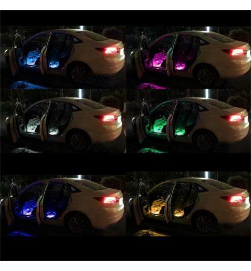 Kit 4 Benzi LED RGB Multicolor pentru Iluminat Interior Auto cu Telecomanda, Alimentare la Bricheta 12V
