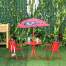 Set mobilier gradina/terasa pentru copii, pliabil, rosu, model buburuza, 1 masa cu umbrela, 2 scaune, Melisenda MART-802416